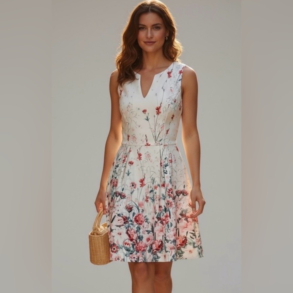 Kut From The Kloth Size 8 Floral Fit Flare V Neck Sleeveless Dress Ivory